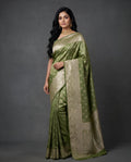 Mehndi green satin Banarasi silk saree with rose gold zari work