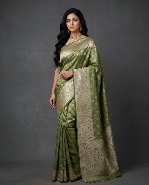 Mehndi green satin Banarasi silk saree with rose gold zari work