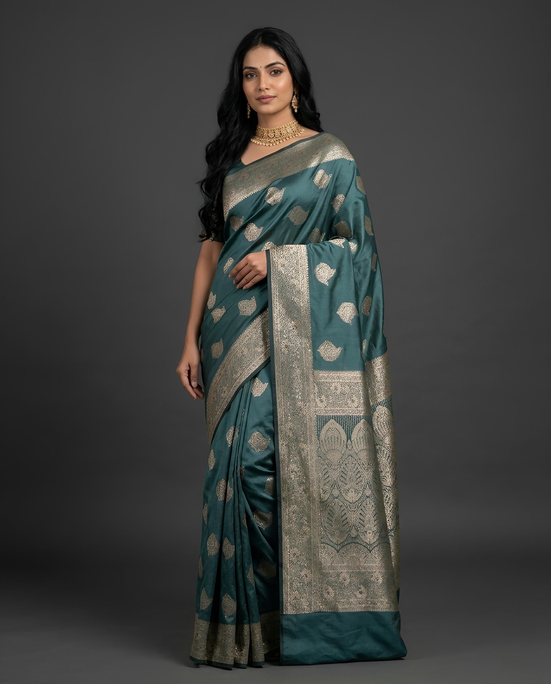 Morpich peacock satin Banarasi silk saree with rose gold zari work