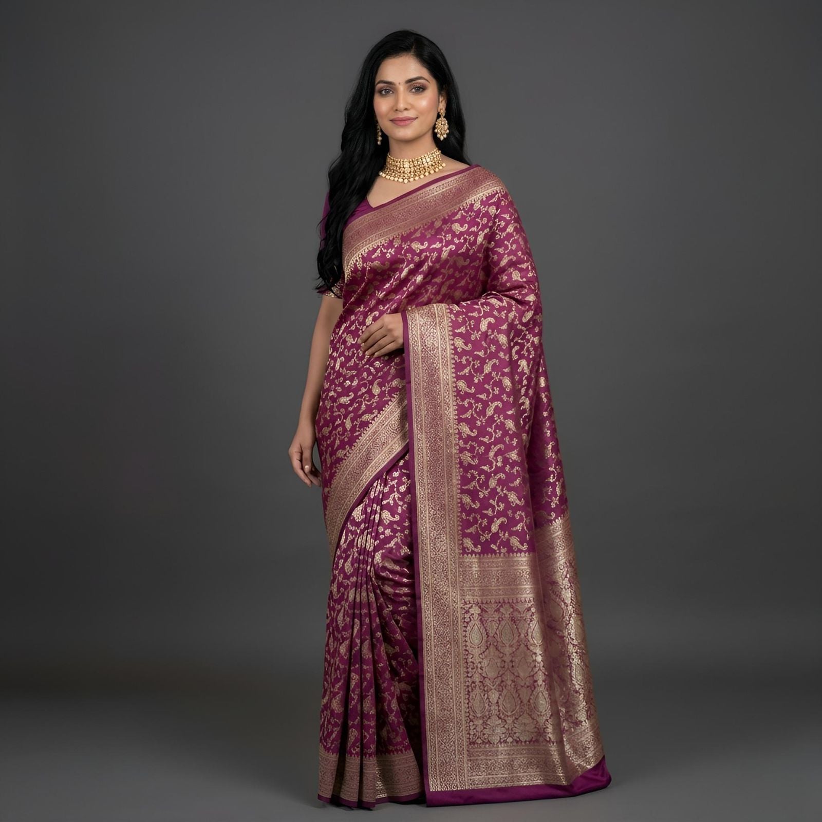 Rani magenta satin Banarasi silk saree with rose gold zari work