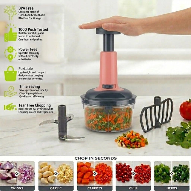 Push Chopper 650ml with 3-Tier Stainless Steel Blades
