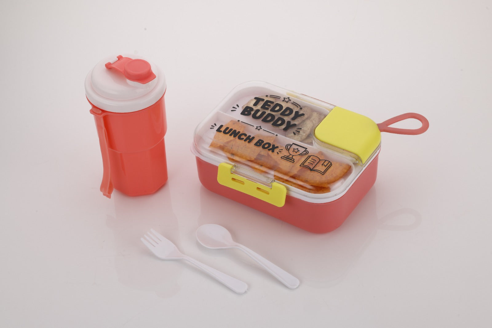 Teddy Buddy coral pink kids lunch box with matching water bottle, fork and spoon