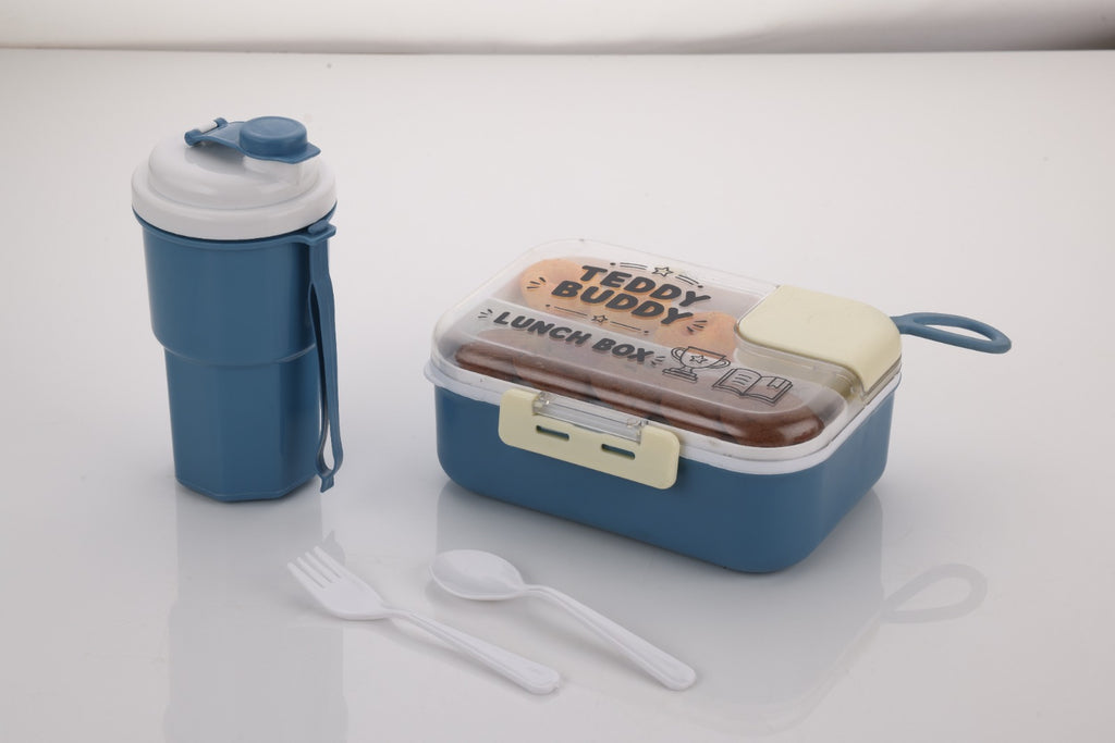 Teddy Buddy blue kids lunch box with matching water bottle and cutlery