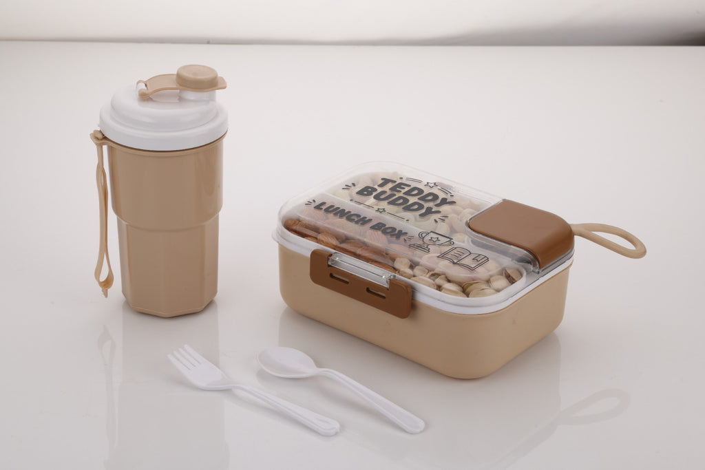 Teddy Buddy beige kids lunch box with matching water bottle and cutlery