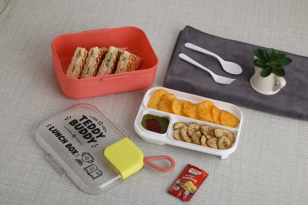 Teddy Buddy lunch box inner tray with separate compartments for snacks and biscuits