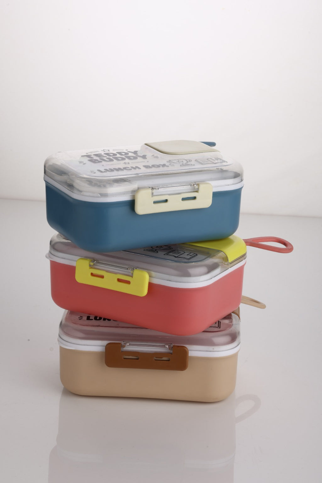 Three Teddy Buddy lunch boxes stacked showing the side locking clips