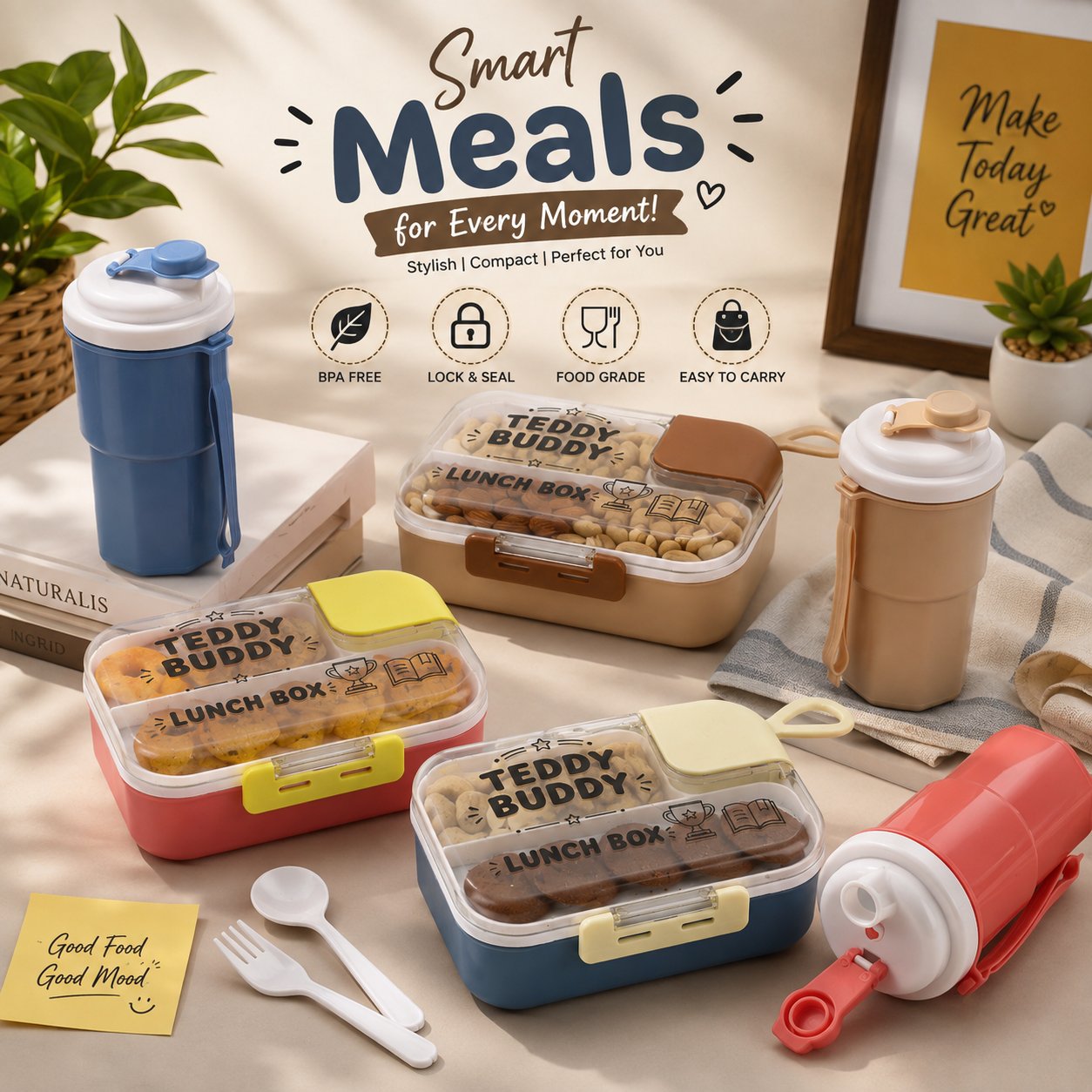 Teddy Buddy kids lunch box in all colours with matching water bottles, fork and spoon