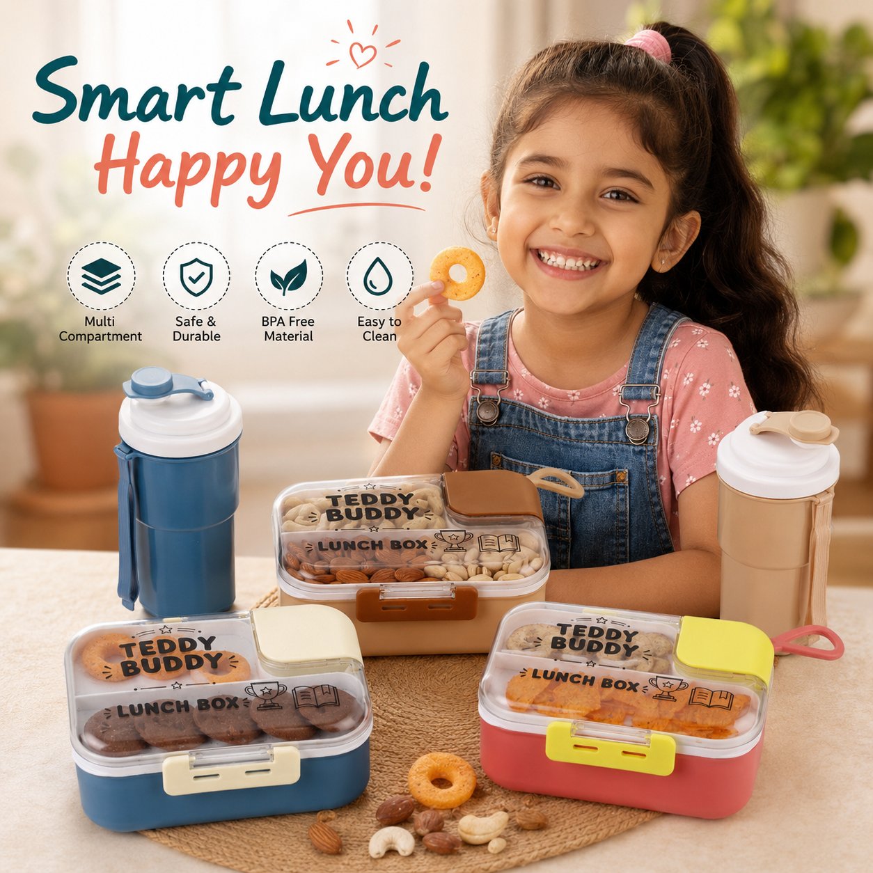 Teddy Buddy lunch box compartments filled with snacks