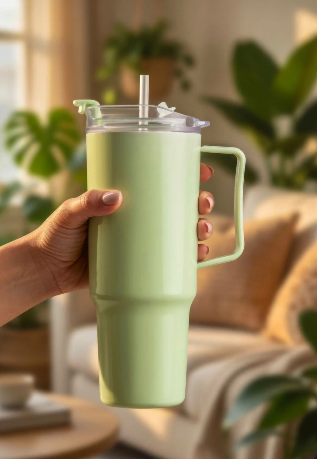 Toony Tumbler held by the handle showing its size