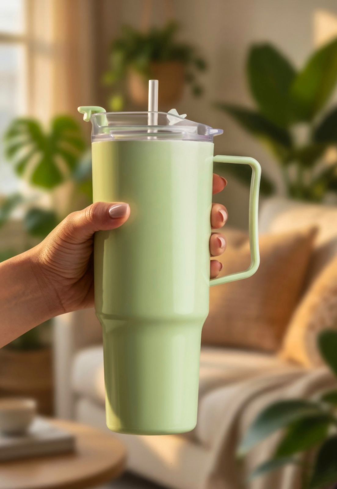 Toony Tumbler held by the handle showing its size