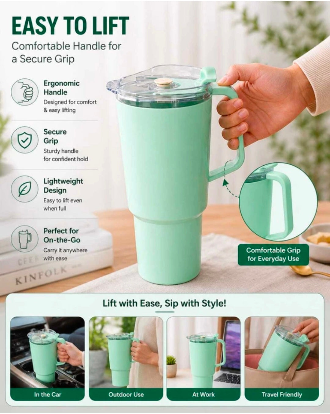 Toony Tumbler ergonomic handle features: secure grip, lightweight, car and travel friendly