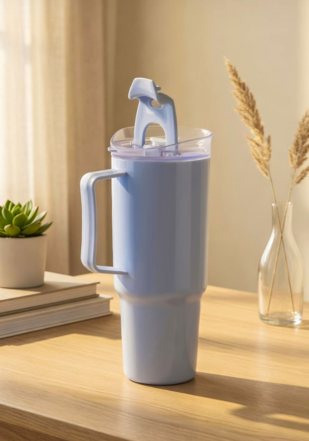 Sky blue Toony Tumbler on a desk beside books